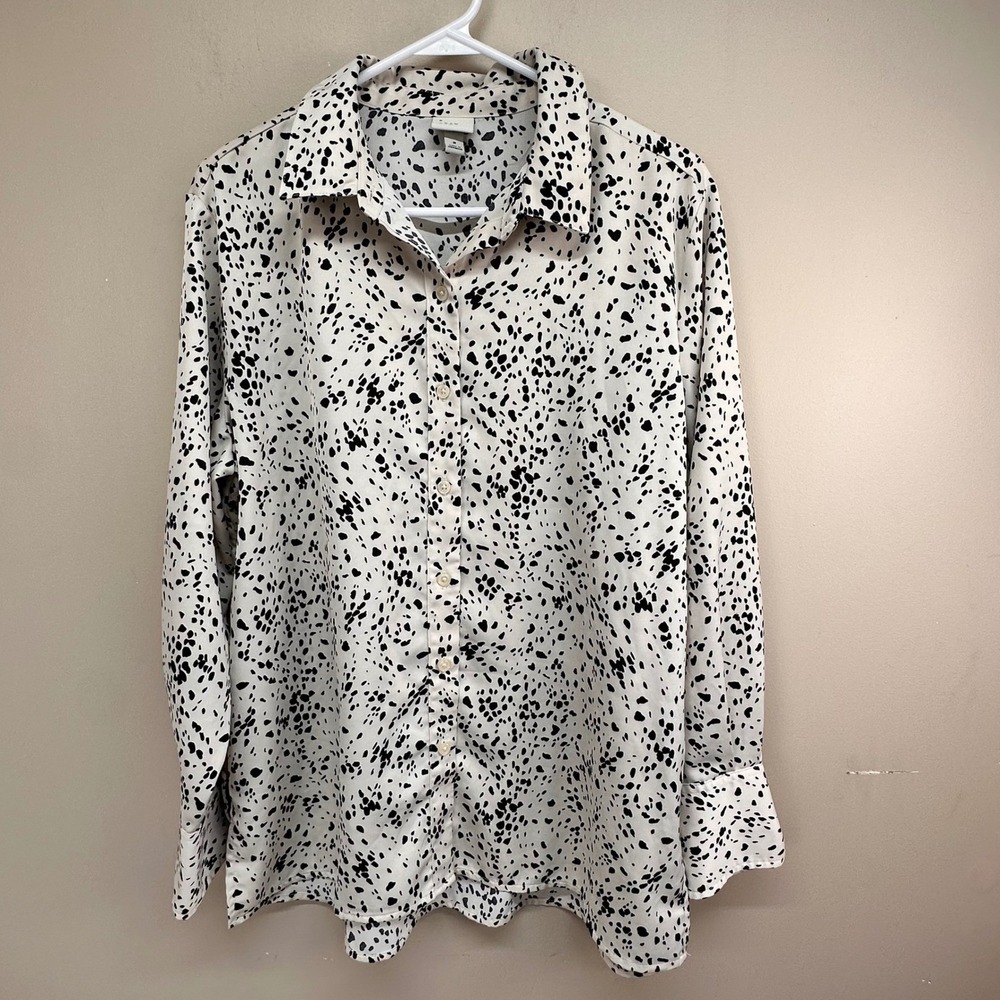 A New Day Women Collared Dalmatian Print Button Down Shirt Black White Size Smal
